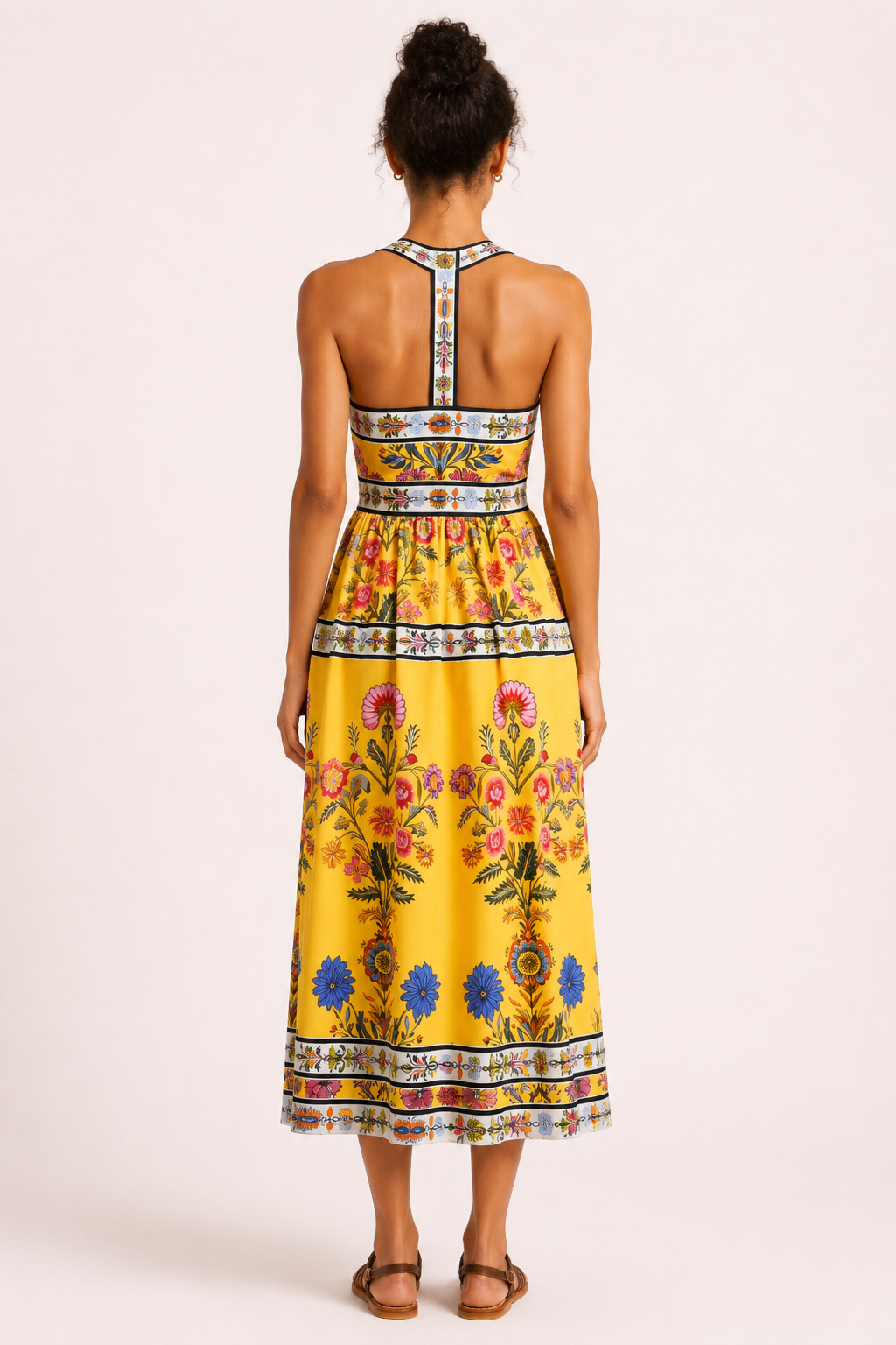 Vestido midi mujer floral escote cuadrado tirantes anchos cintura alta – Nele
