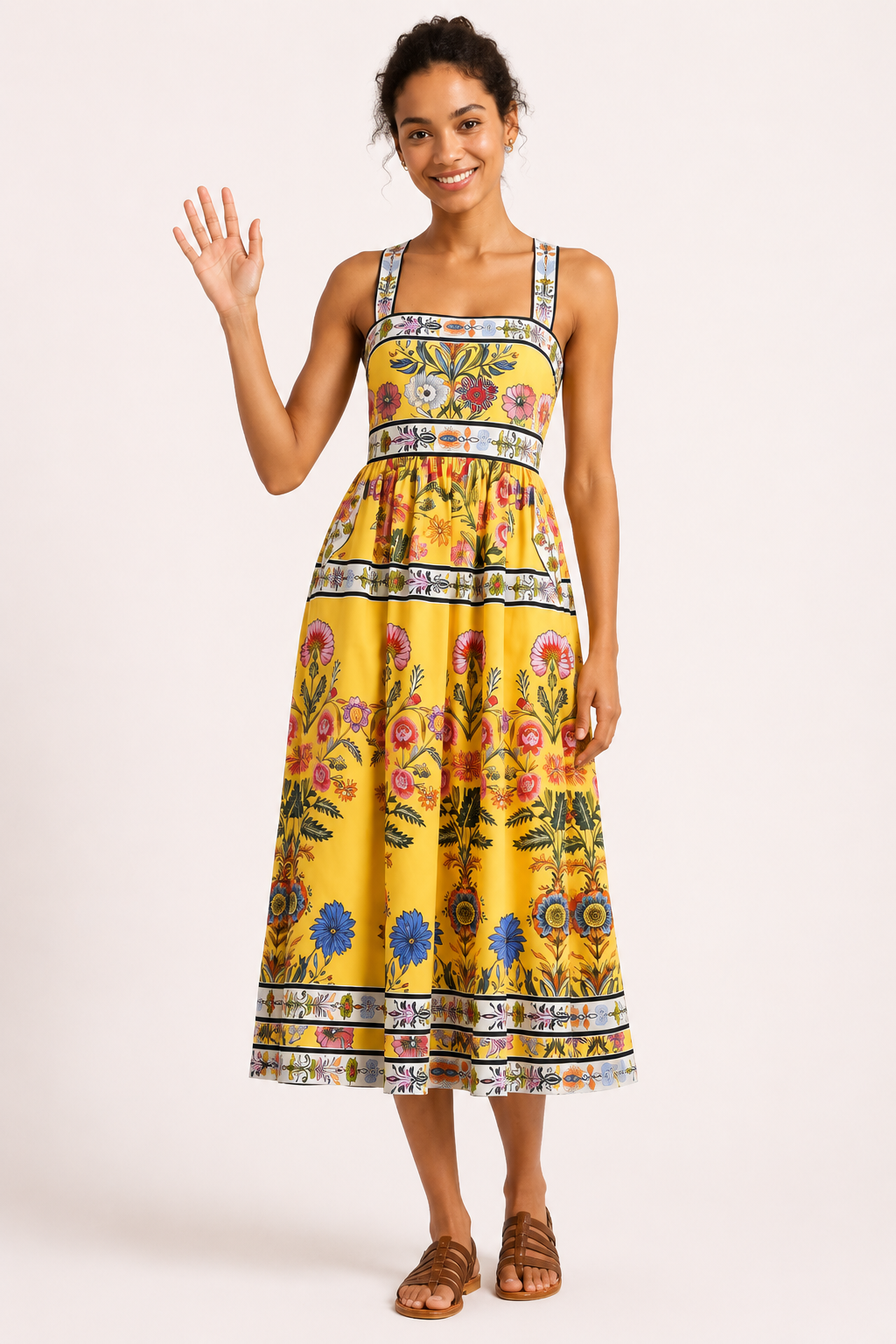 Vestido midi mujer floral escote cuadrado tirantes anchos cintura alta – Nele
