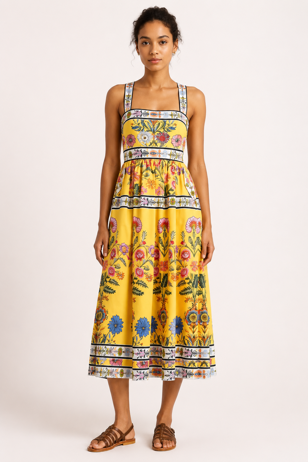 Vestido midi mujer floral escote cuadrado tirantes anchos cintura alta – Nele