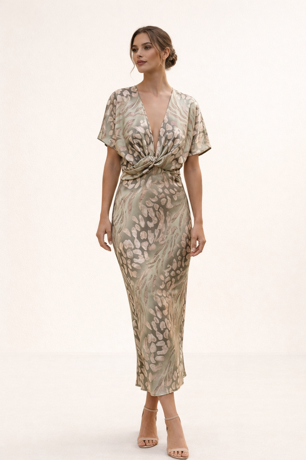 Vestido midi estampado escote V nudo frontal manga corta verano - Jennifer