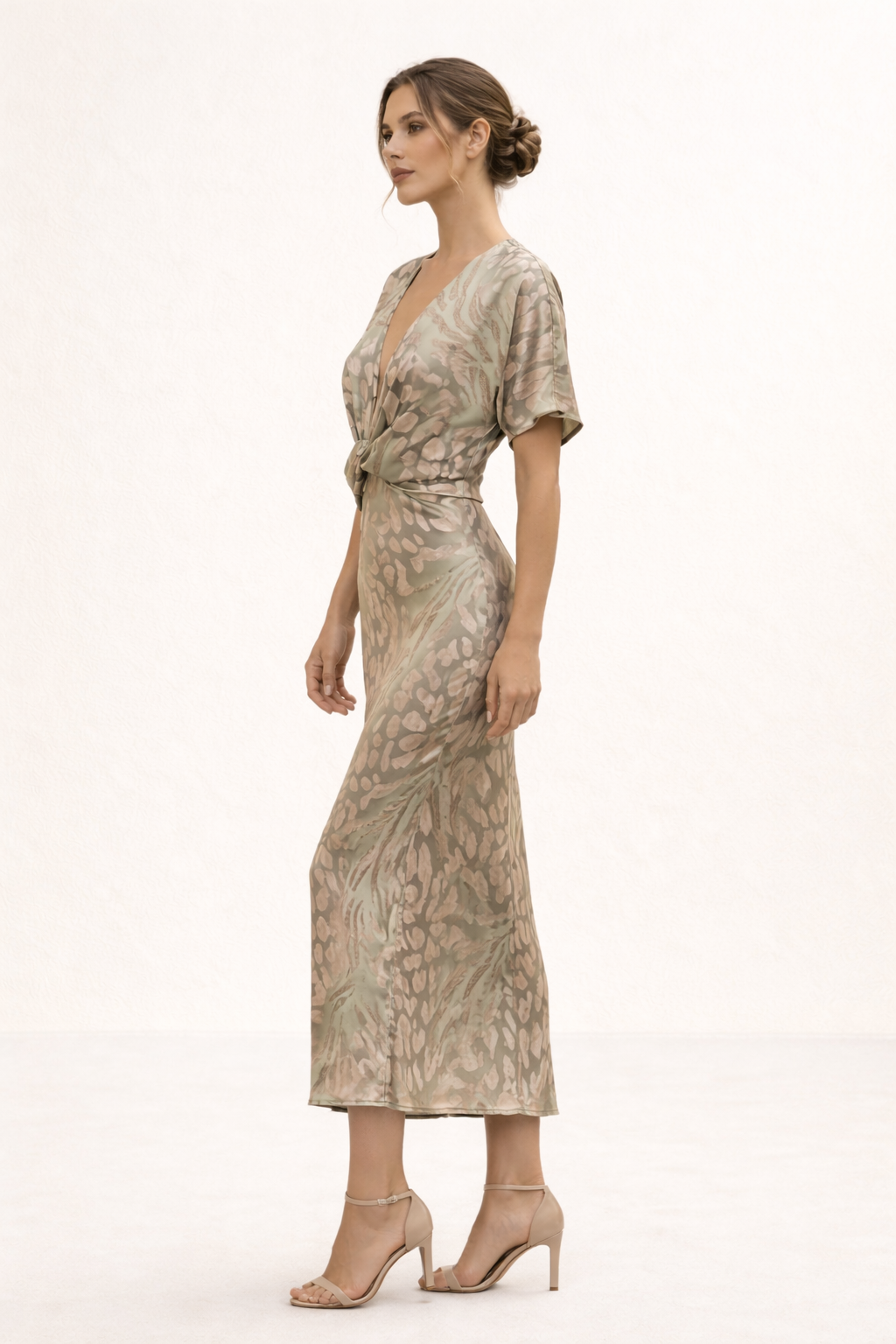 Vestido midi estampado escote V nudo frontal manga corta verano - Jennifer