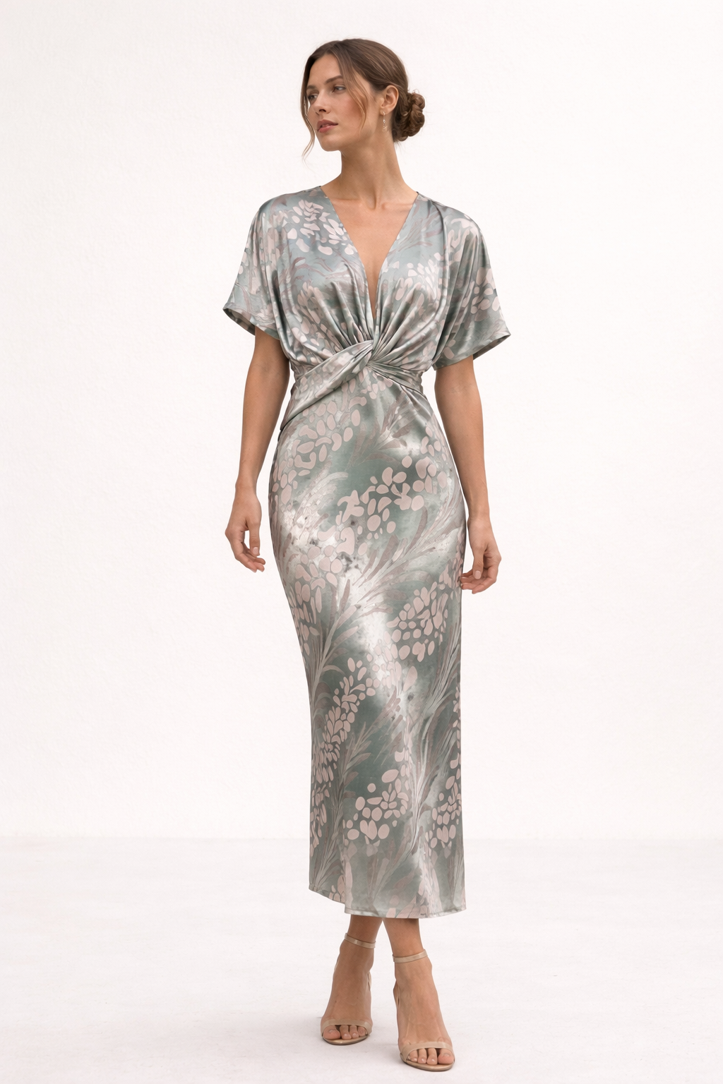 Vestido midi estampado escote V nudo frontal manga corta verano - Jennifer
