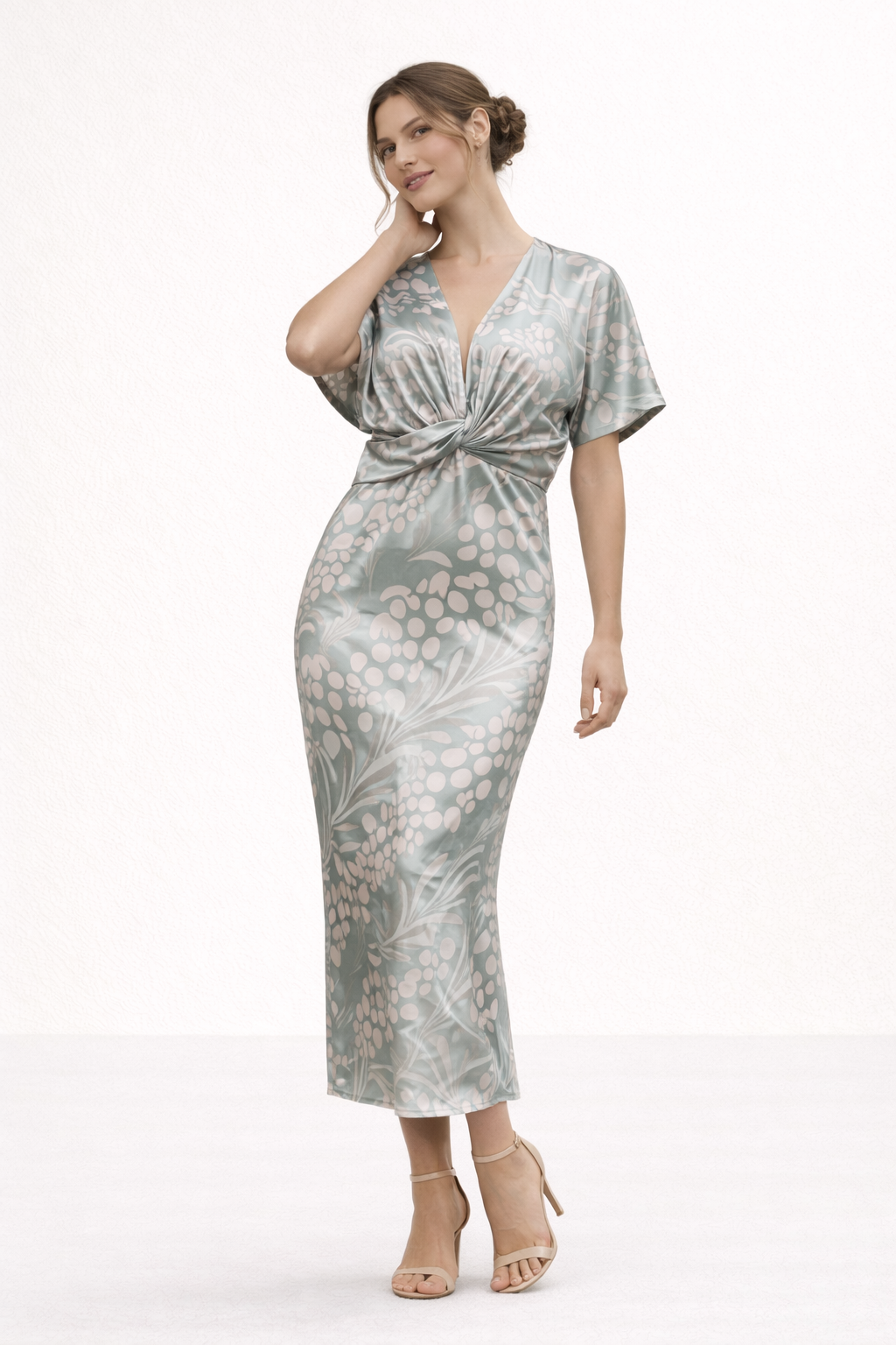 Vestido midi estampado escote V nudo frontal manga corta verano - Jennifer