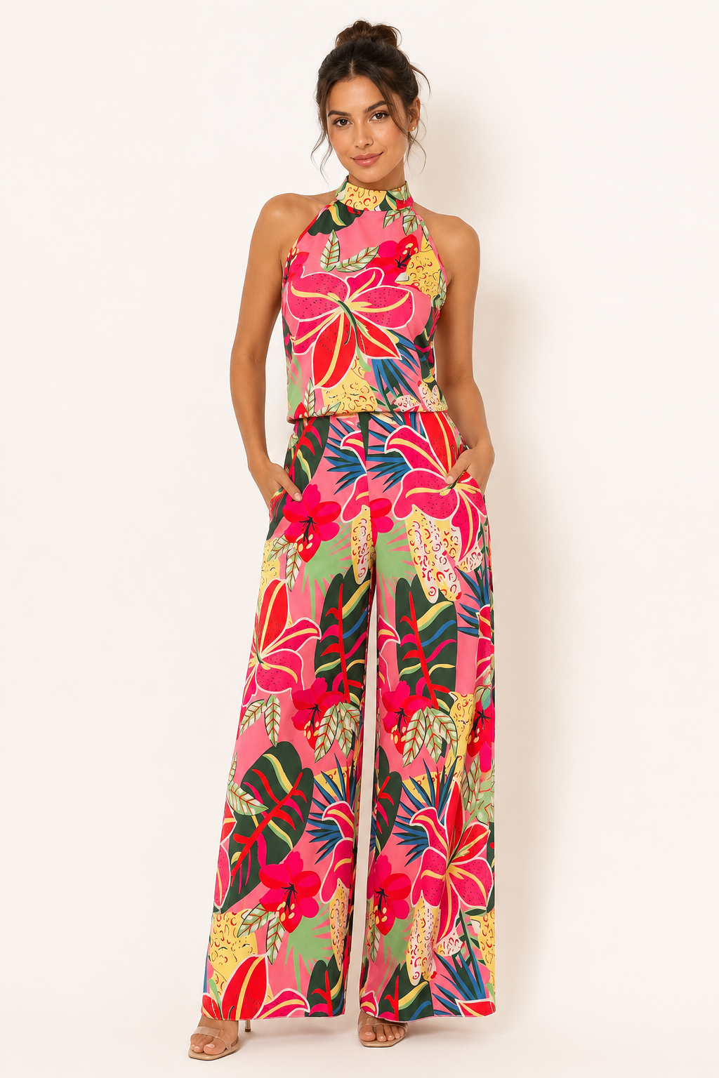 Conjunto floral mujer top halter pantalón pierna ancha verano – Siria