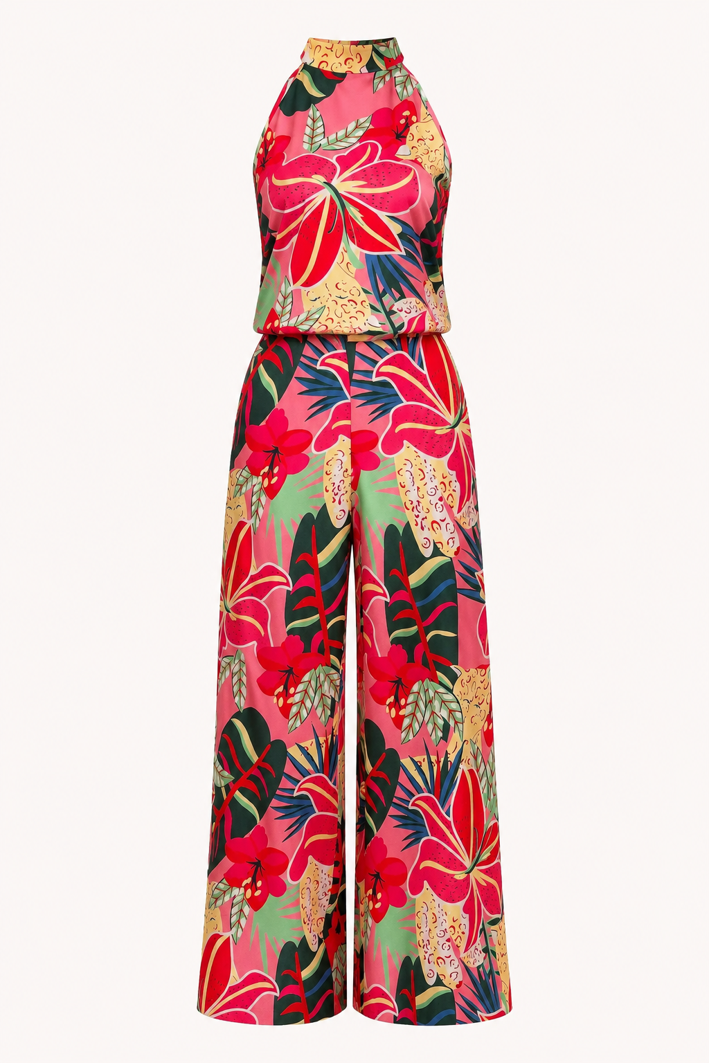Conjunto floral mujer top halter pantalón pierna ancha verano – Siria