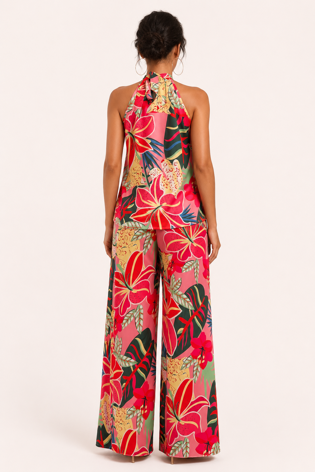 Conjunto floral mujer top halter pantalón pierna ancha verano – Siria