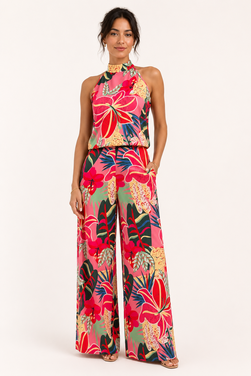 Conjunto floral mujer top halter pantalón pierna ancha verano – Siria