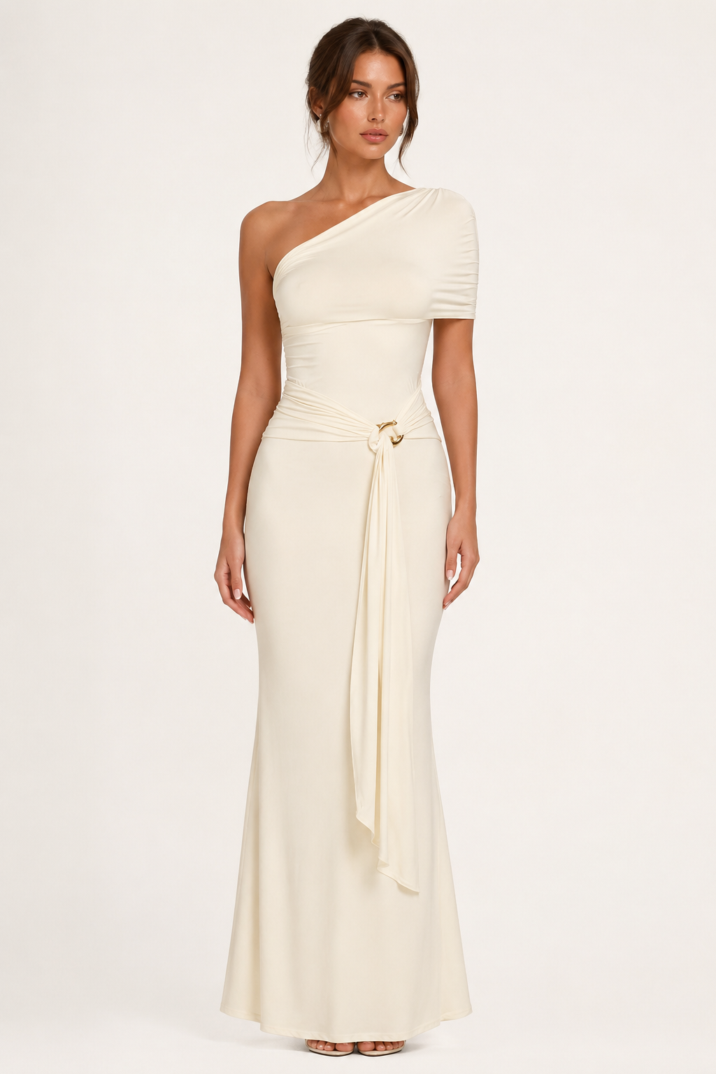 Vestido largo mujer un hombro drapeado lateral ajustado – Maike
