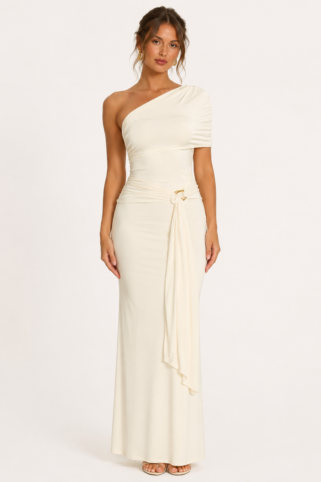 Vestido largo mujer un hombro drapeado lateral ajustado – Maike