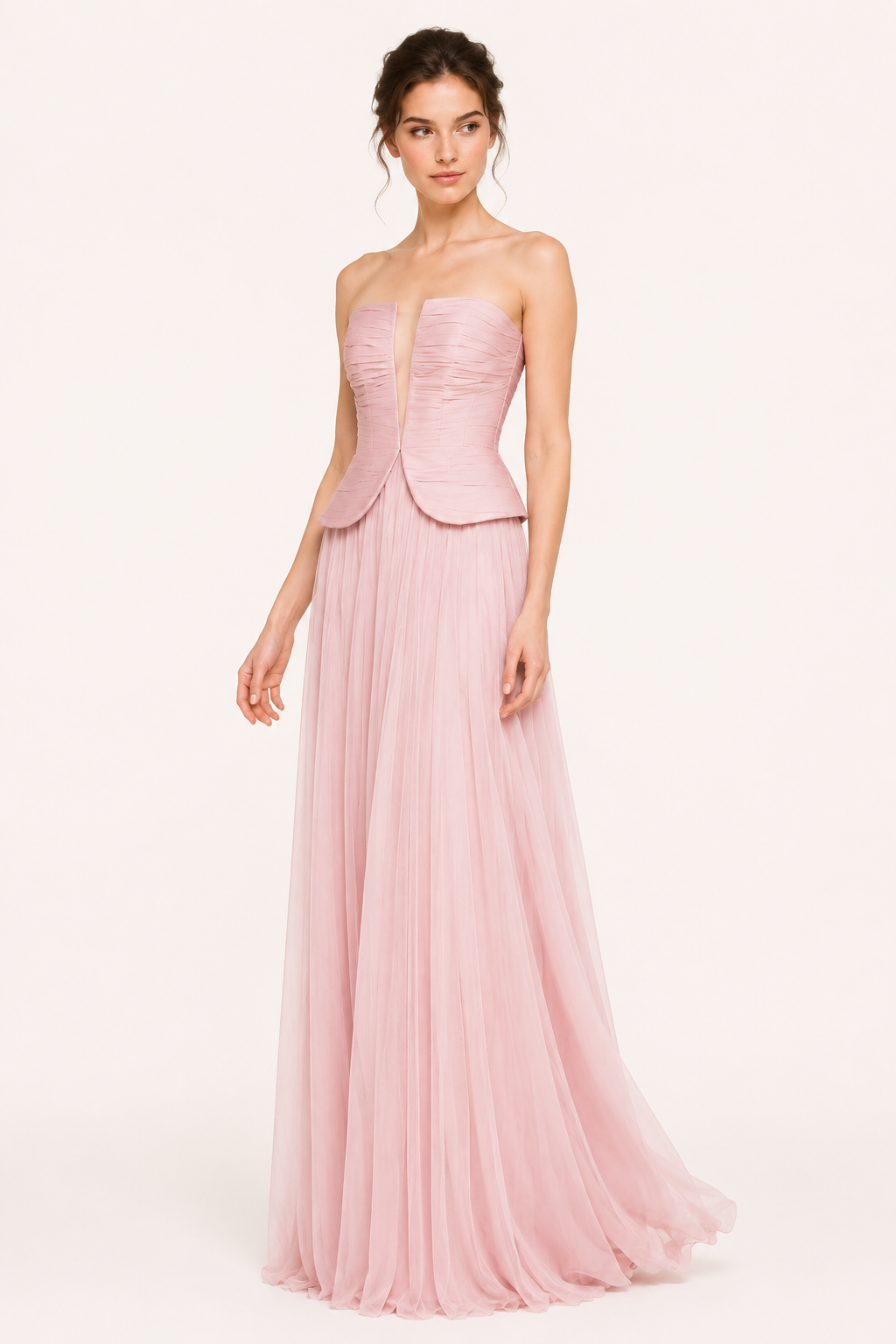 Vestido largo mujer strapless plisado abertura pecho falda amplia – Enice