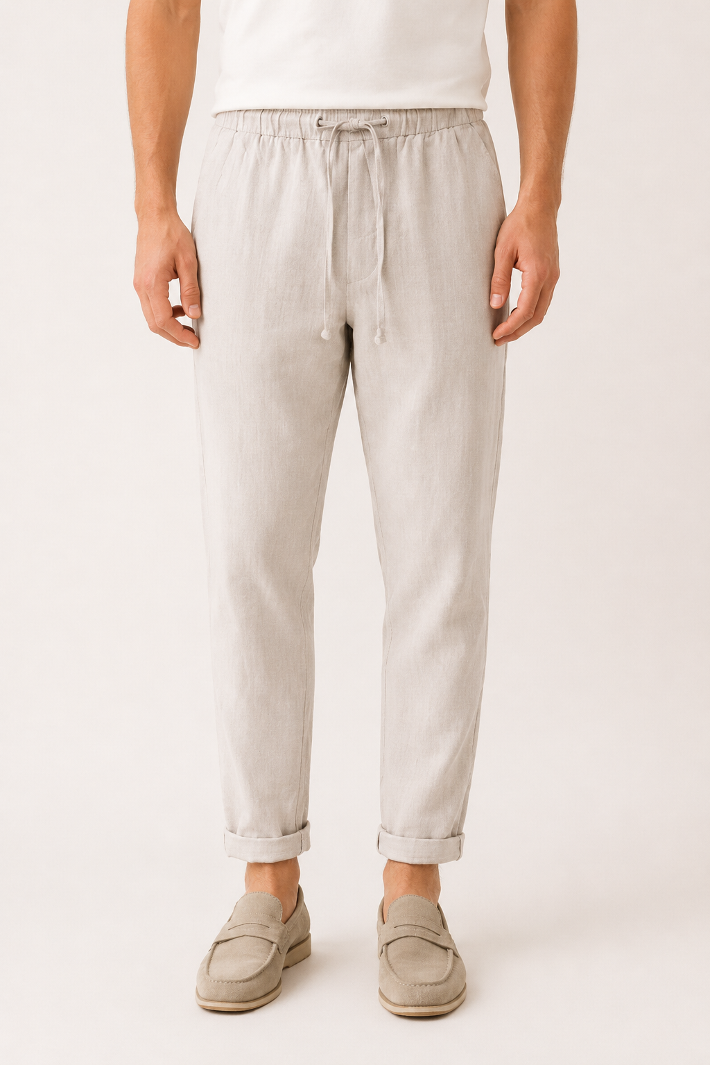 Pantalón hombre lino cintura elástica bajo doblado casual – Falk