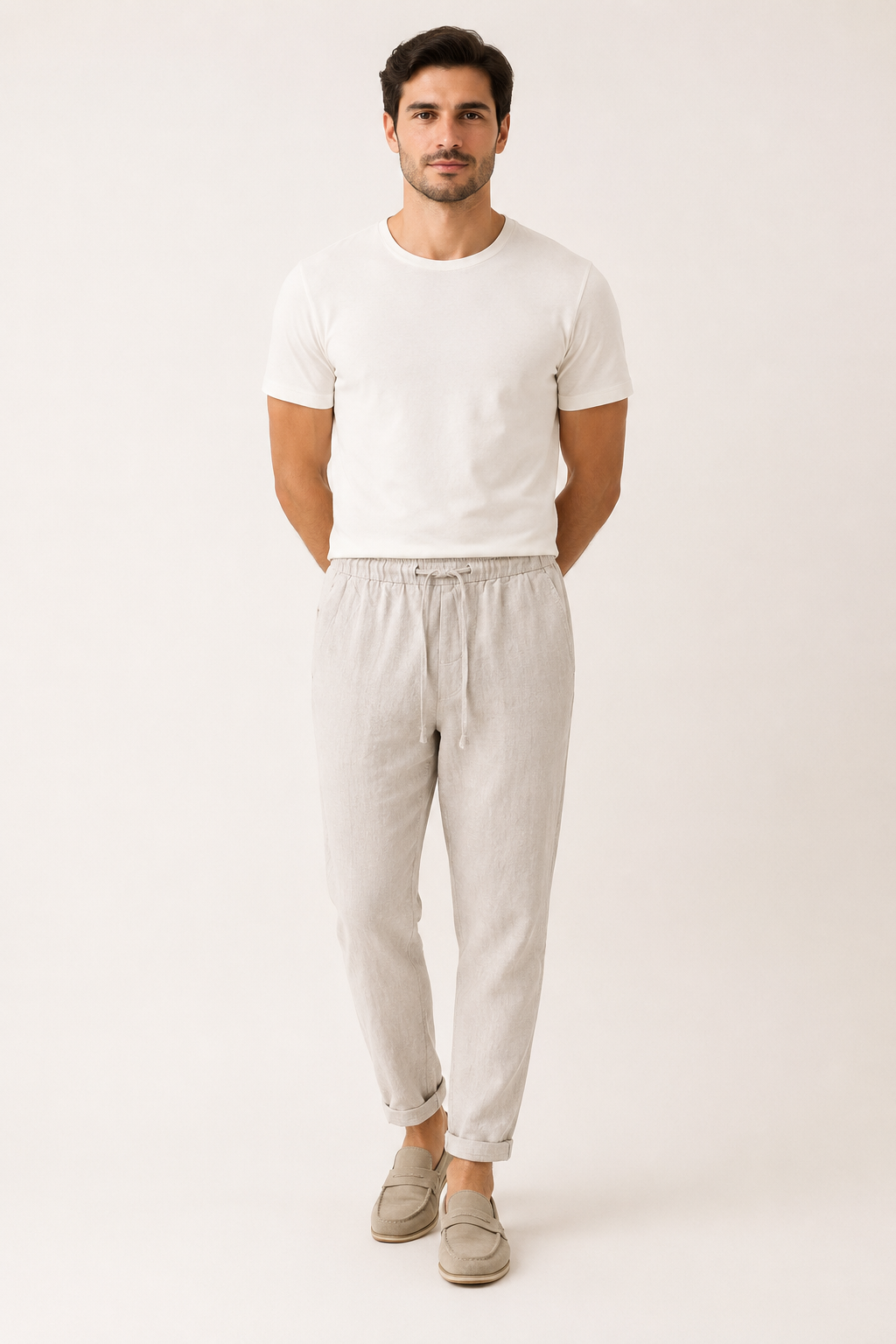 Pantalón hombre lino cintura elástica bajo doblado casual – Falk
