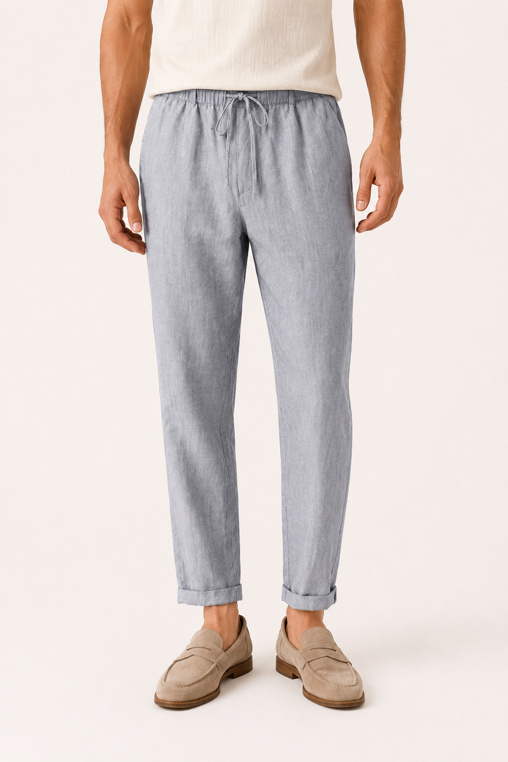 Pantalón hombre lino cintura elástica bajo doblado casual – Falk