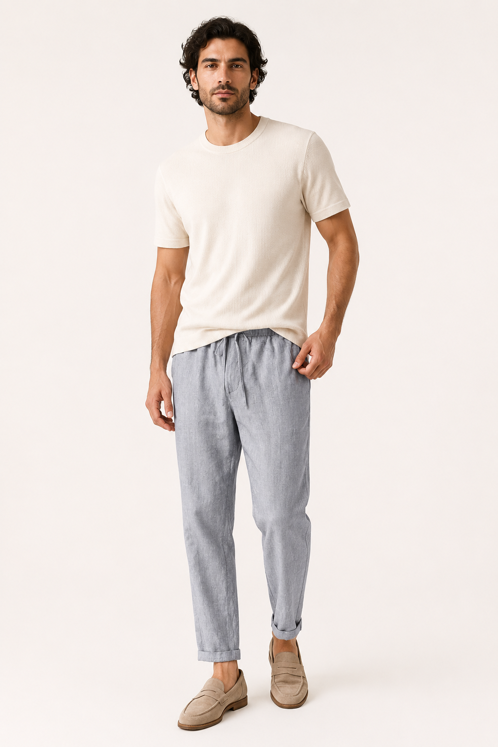 Pantalón hombre lino cintura elástica bajo doblado casual – Falk