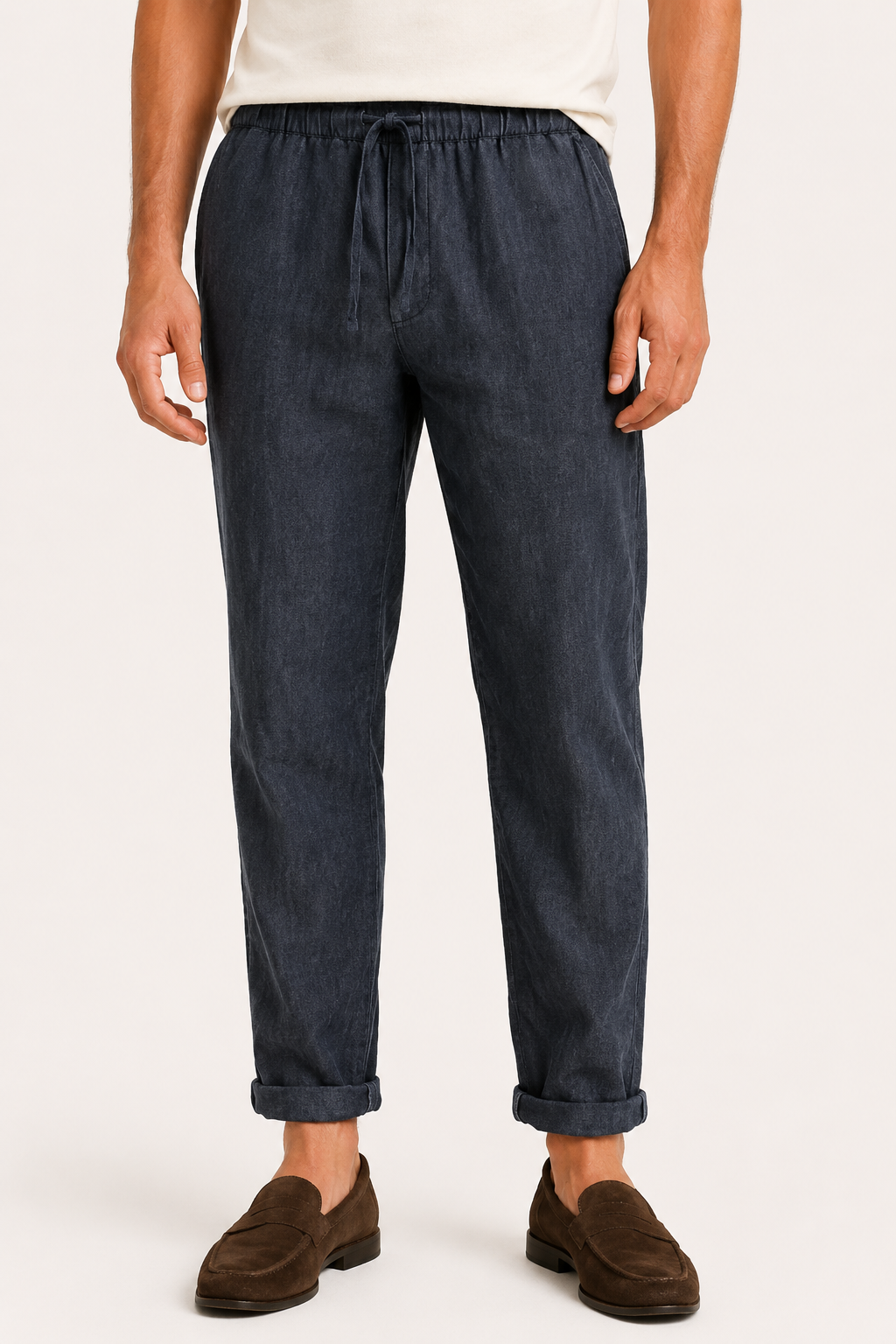 Pantalón hombre lino cintura elástica bajo doblado casual – Falk