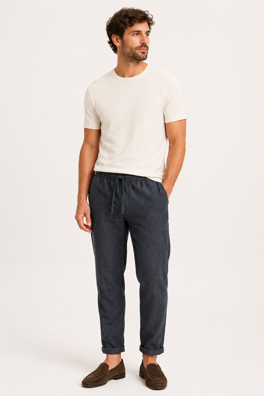 Pantalón hombre lino cintura elástica bajo doblado casual – Falk