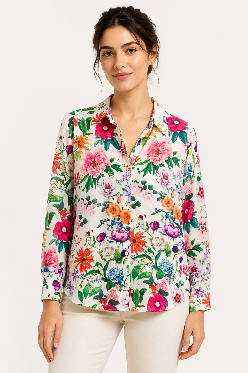 Blusa mujer floral cuello camisero manga larga botones – Katrin