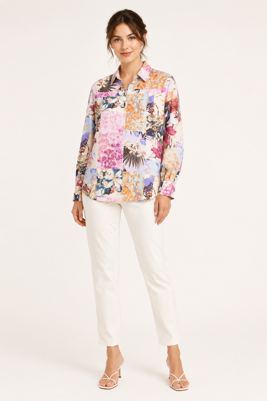 Blusa mujer estampada cuello camisero manga larga botones – Laura