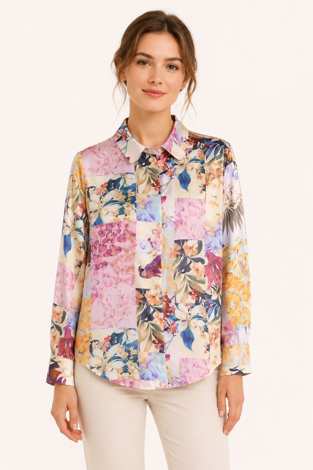 Blusa mujer estampada cuello camisero manga larga botones – Laura