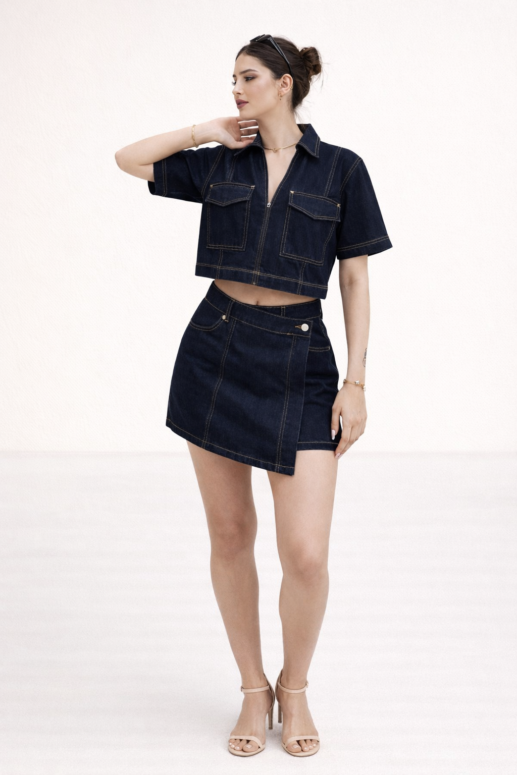 Conjunto mujer denim verano falda corta top vaquero manga corta - Arisha