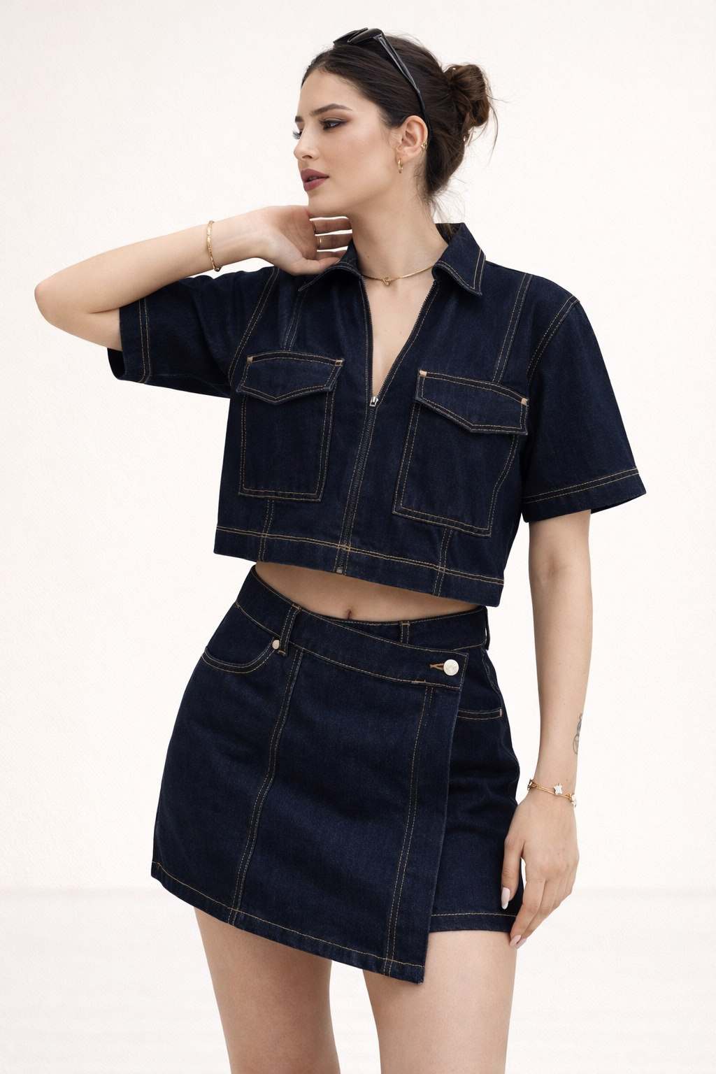 Conjunto mujer denim verano falda corta top vaquero manga corta - Arisha