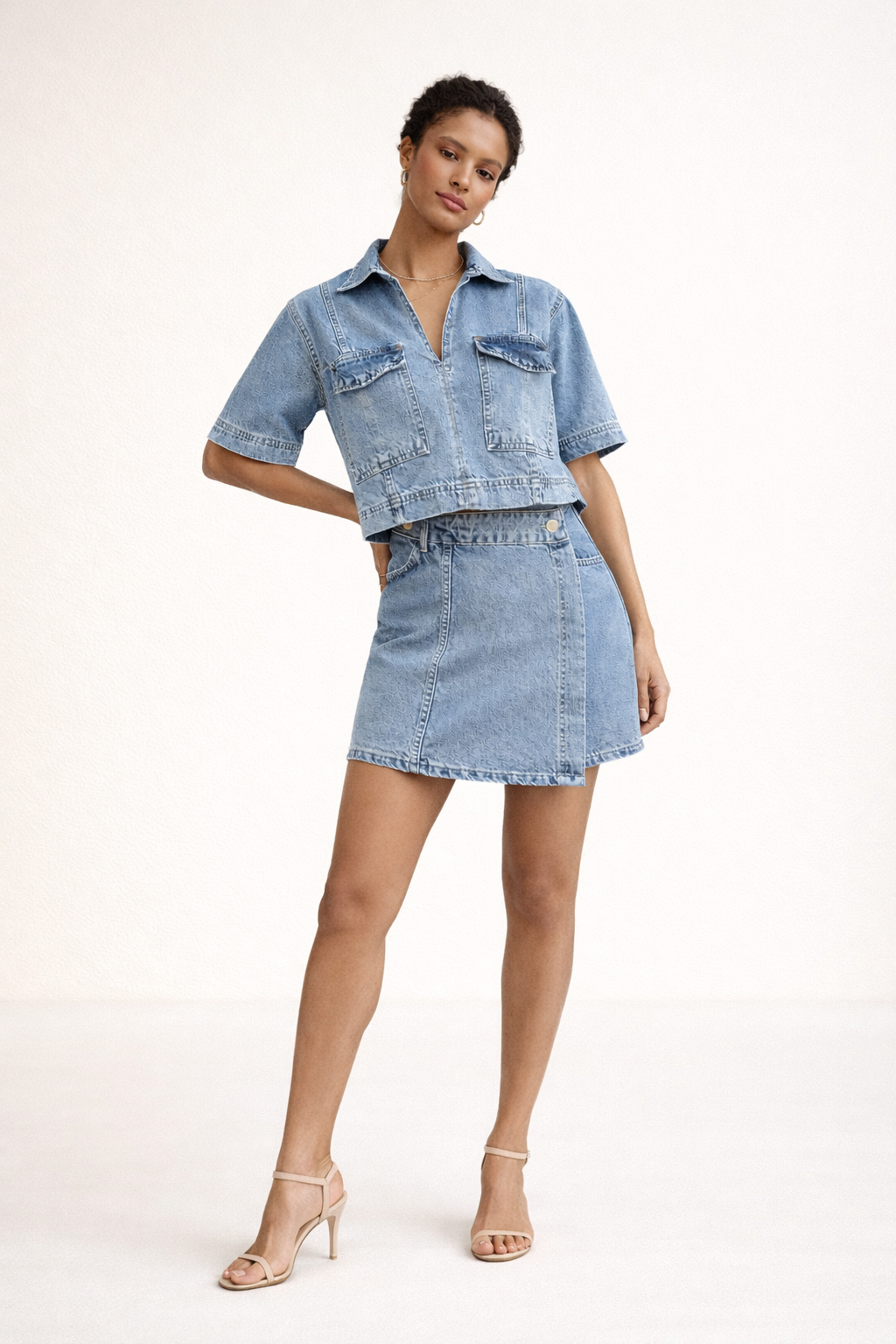 Conjunto mujer denim verano falda corta top vaquero manga corta - Arisha