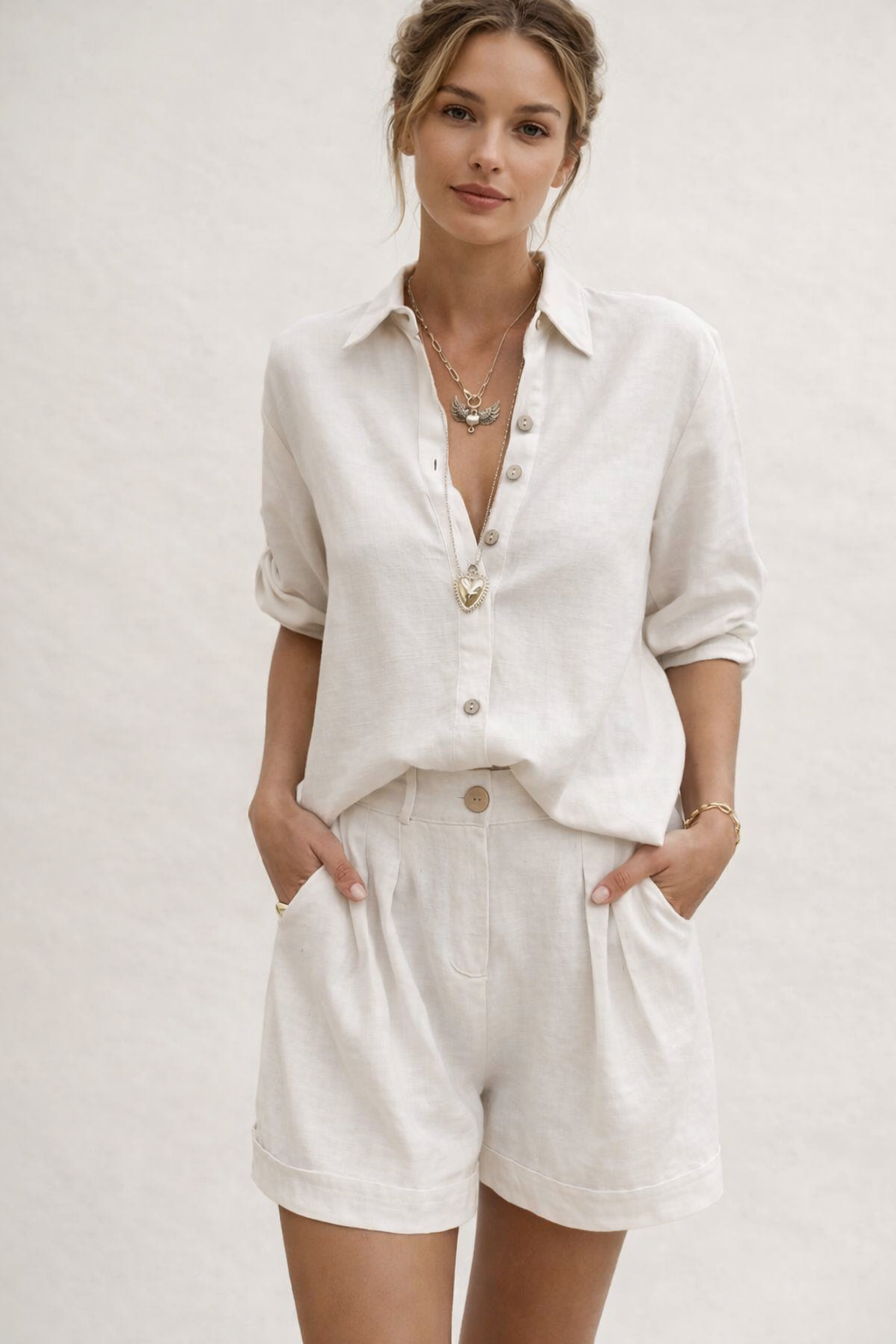 Conjunto mujer lino pantalón corto blusa manga larga verano - Amaia