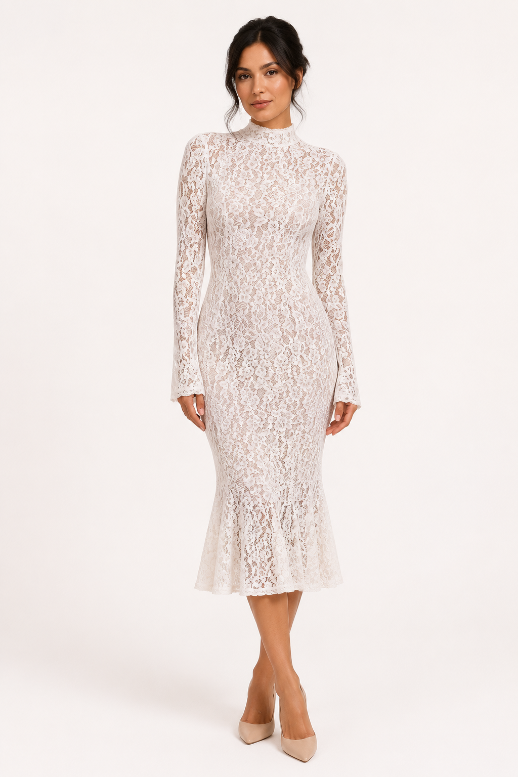 Vestido midi encaje mujer cuello alto manga larga floral – Samara