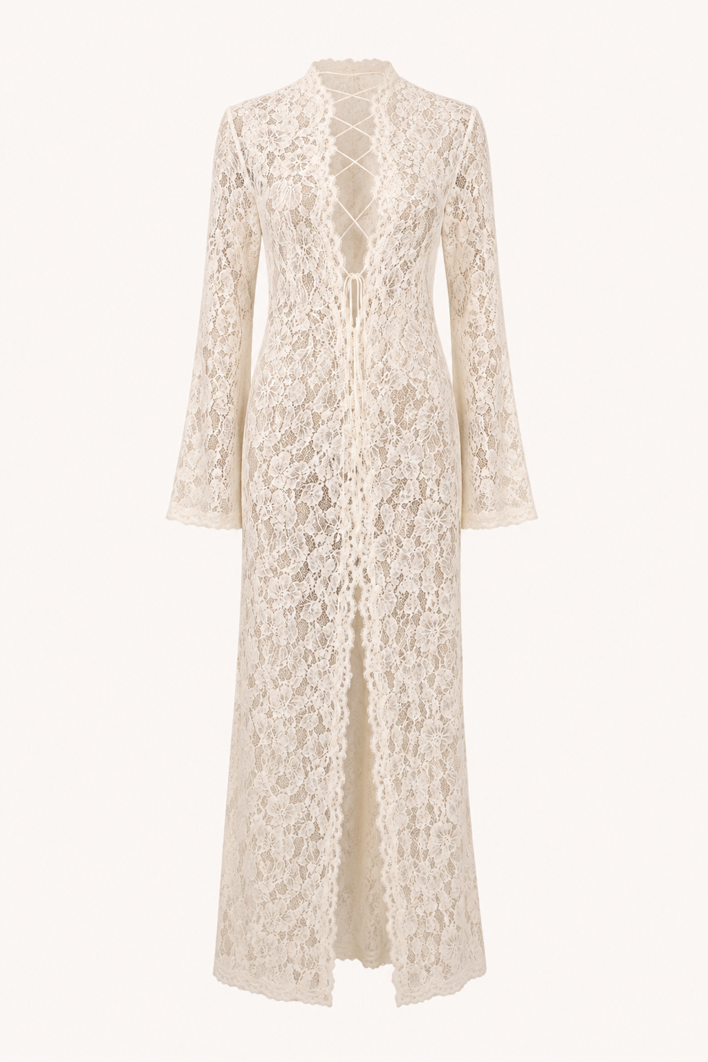 Vestido largo encaje mujer escote cruzado manga larga – Anneliese