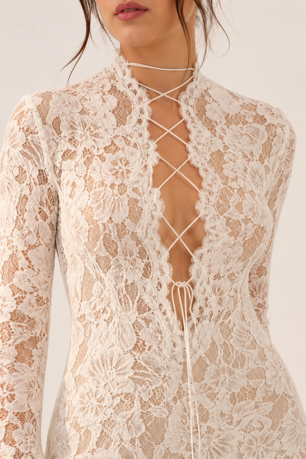 Vestido largo encaje mujer escote cruzado manga larga – Anneliese