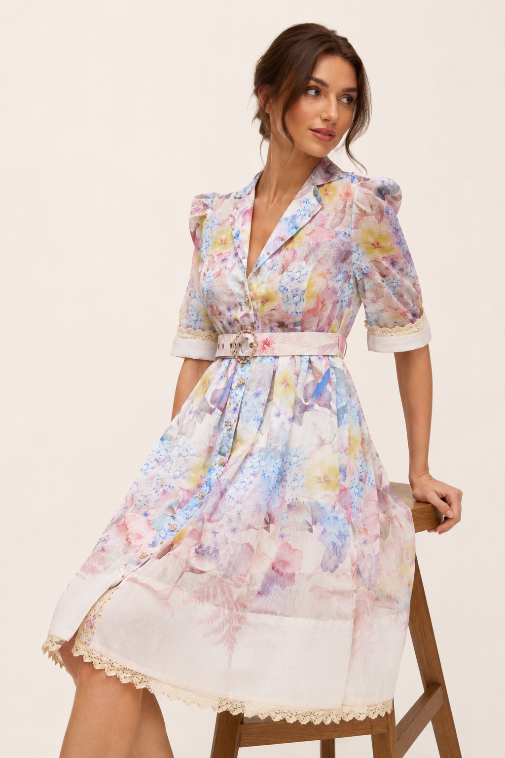 Vestido camisero mujer floral manga corta cinturón hebilla – Minna