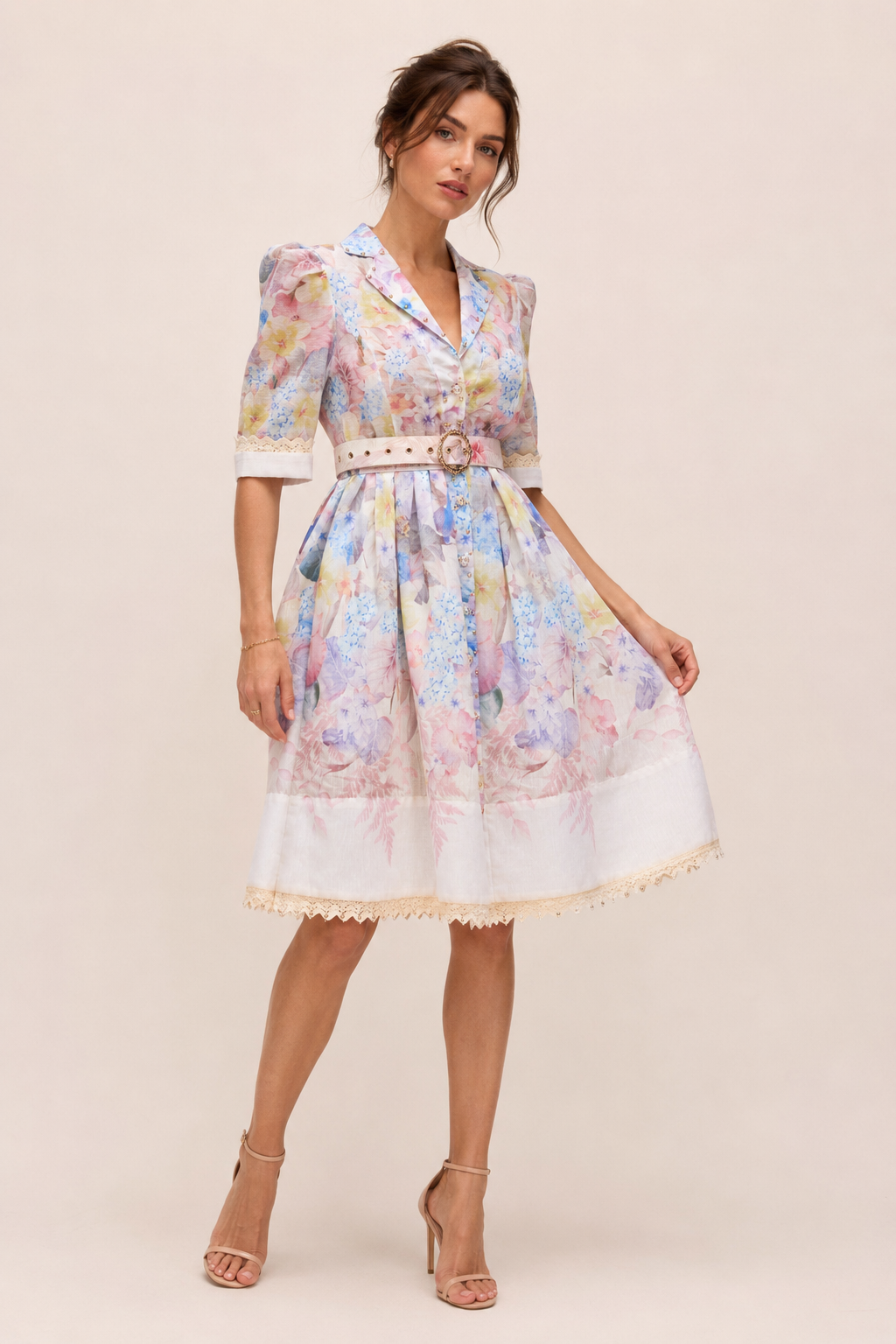 Vestido camisero mujer floral manga corta cinturón hebilla – Minna