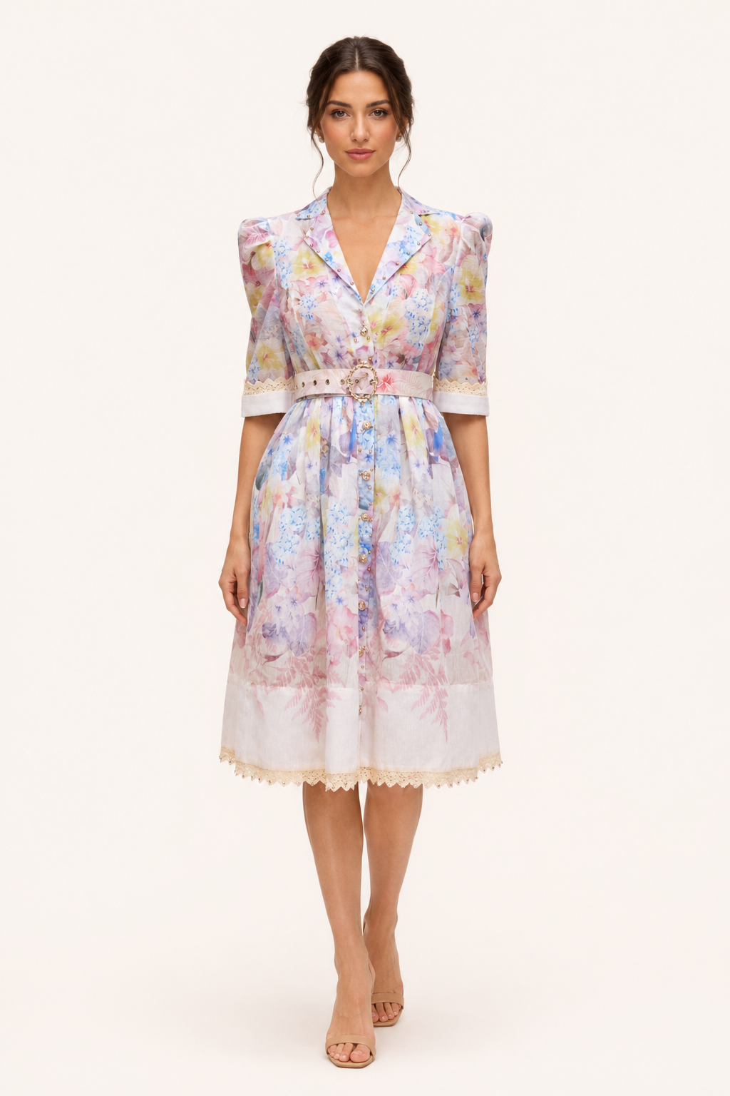 Vestido camisero mujer floral manga corta cinturón hebilla – Minna