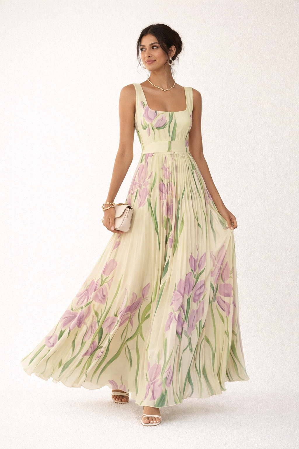 Vestido largo mujer plisado floral elegante verano - Leonore