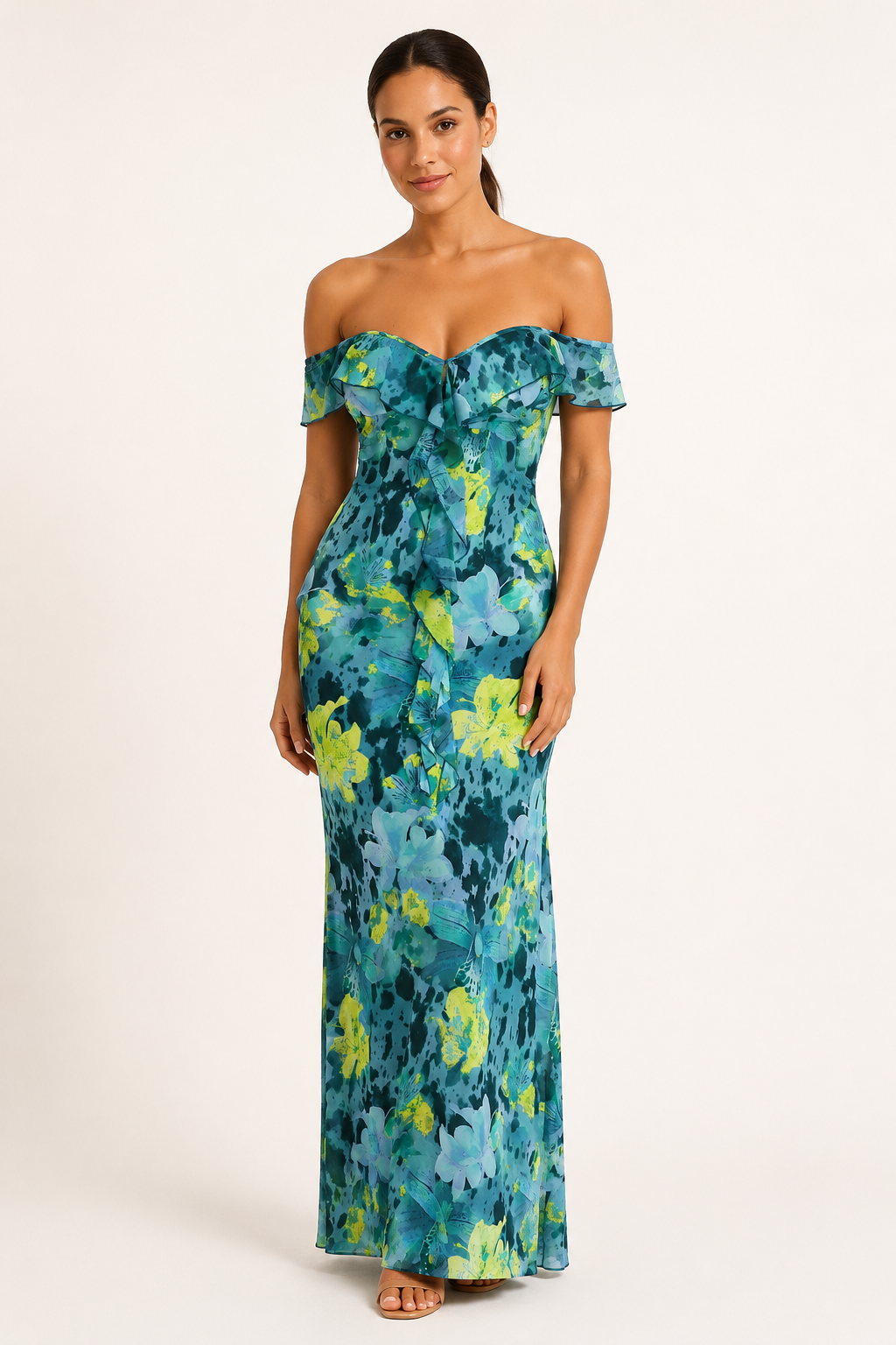 Vestido largo floral mujer hombros descubiertos escote corazón – Käthe