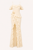 Vestido largo mujer invitada boda volantes flor lateral – Gisela