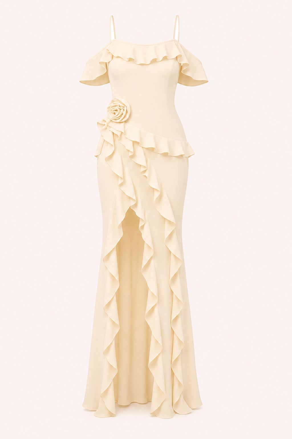 Vestido largo mujer invitada boda volantes flor lateral – Gisela