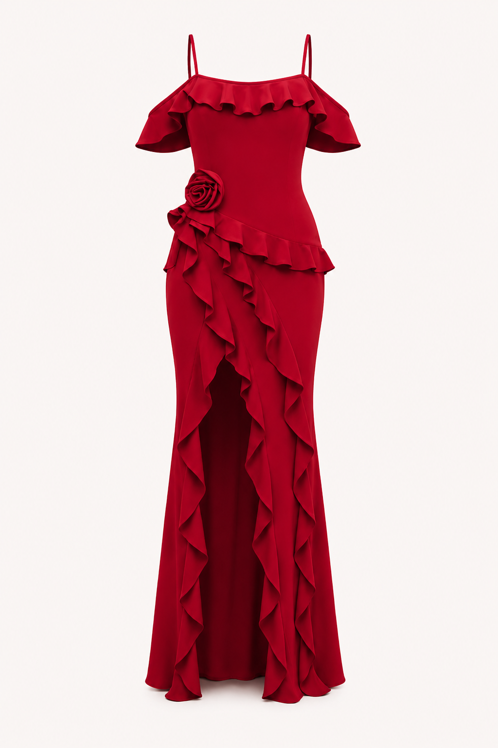 Vestido largo mujer invitada boda volantes flor lateral – Gisela