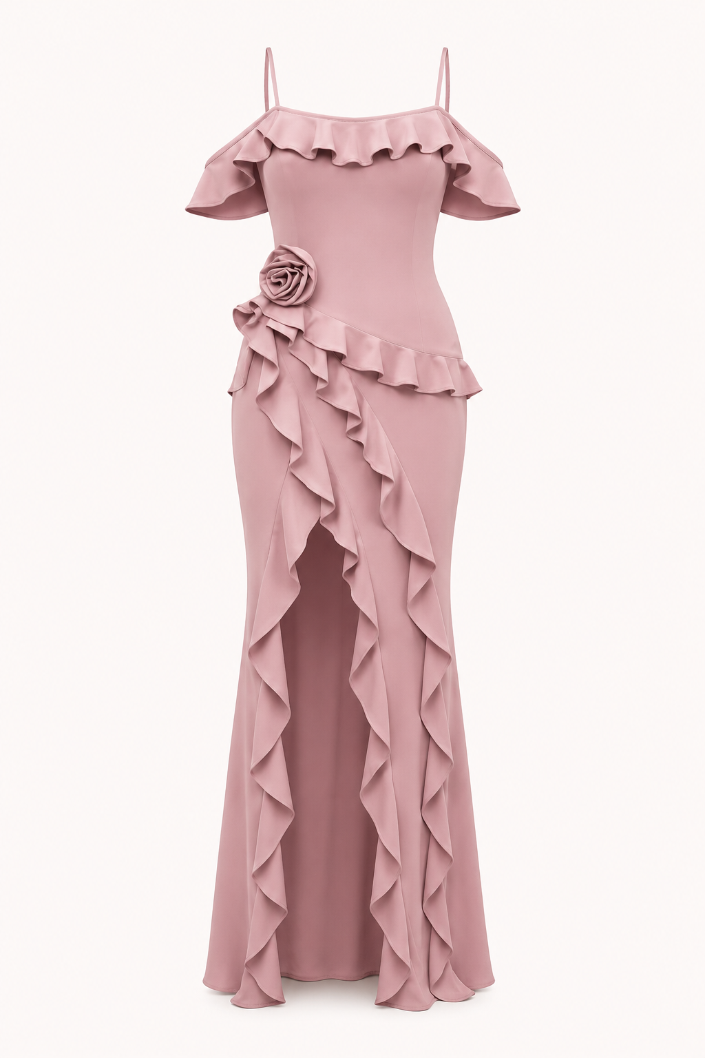 Vestido largo mujer invitada boda volantes flor lateral – Gisela