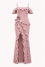 Vestido largo mujer invitada boda volantes flor lateral – Gisela