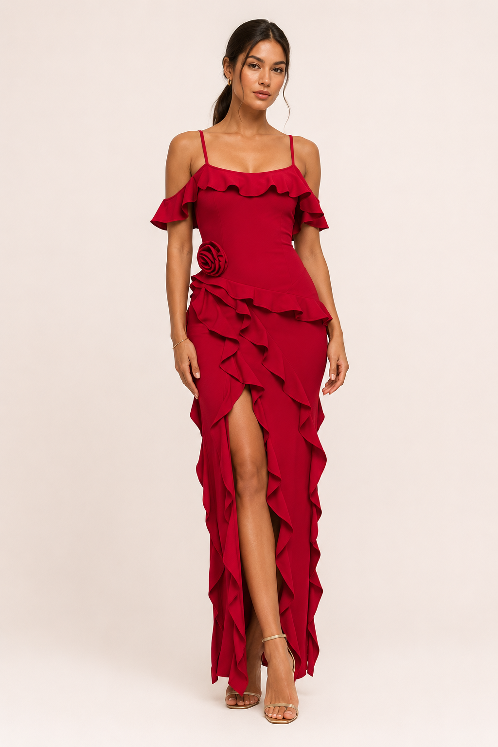 Vestido largo mujer invitada boda volantes flor lateral – Gisela
