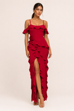 Vestido largo mujer invitada boda volantes flor lateral – Gisela