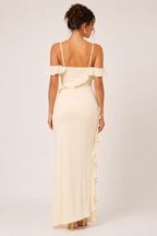 Vestido largo mujer invitada boda volantes flor lateral – Gisela