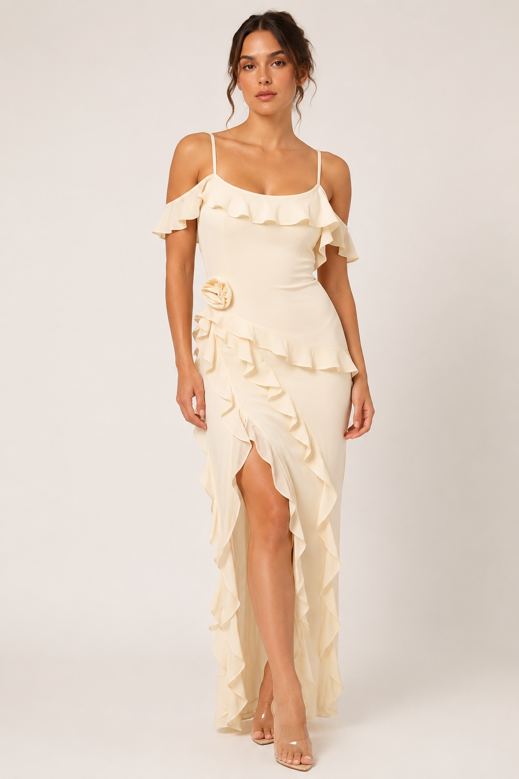 Vestido largo mujer invitada boda volantes flor lateral – Gisela