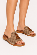 Sandalias planas mujer estampadas slide borlas frontales – Meike