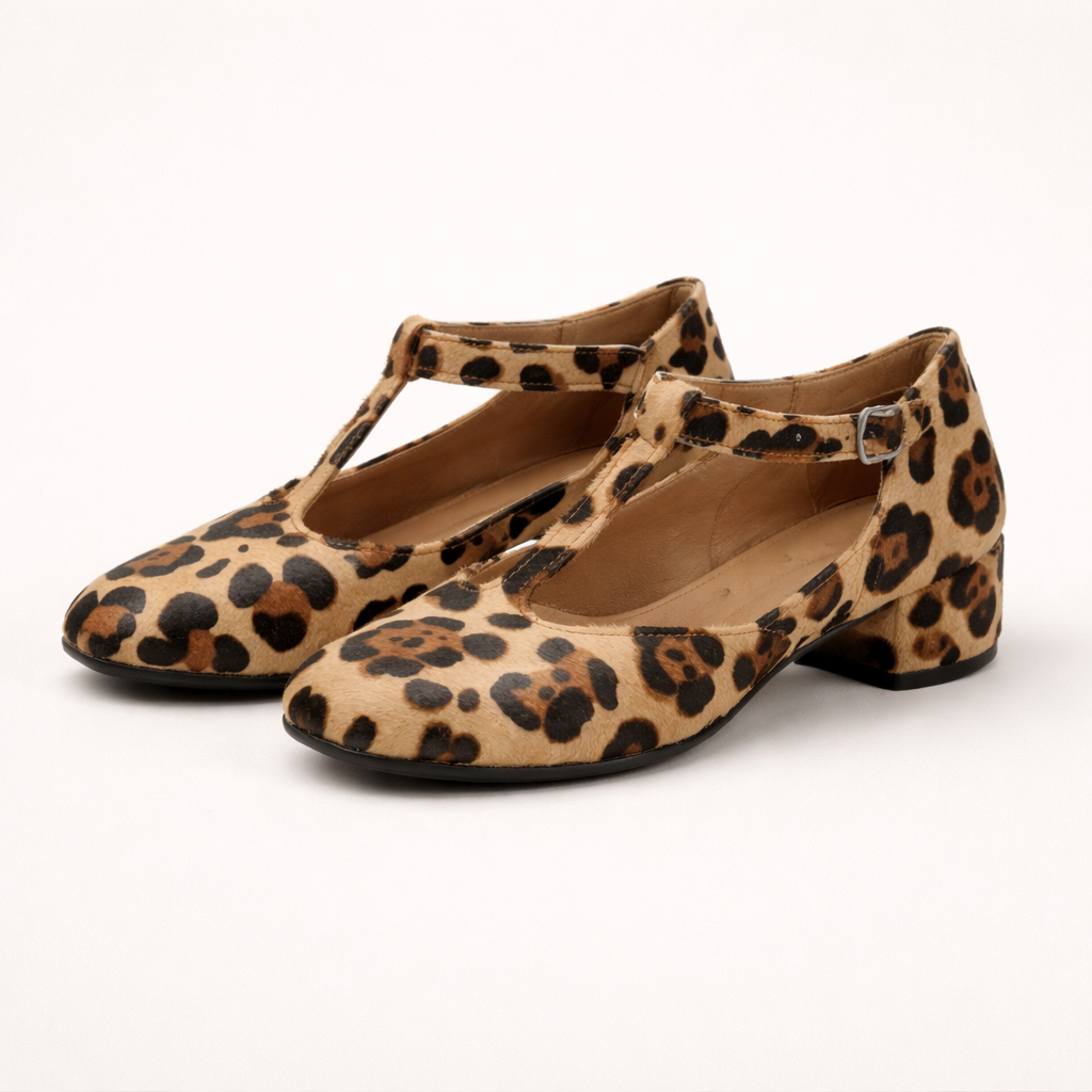 Zapatos mujer tacón bloque tira T estampado leopardo - Gianna