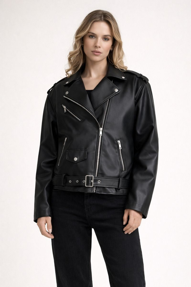 Chaqueta biker de mujer efecto piel con cinturón - Ylena