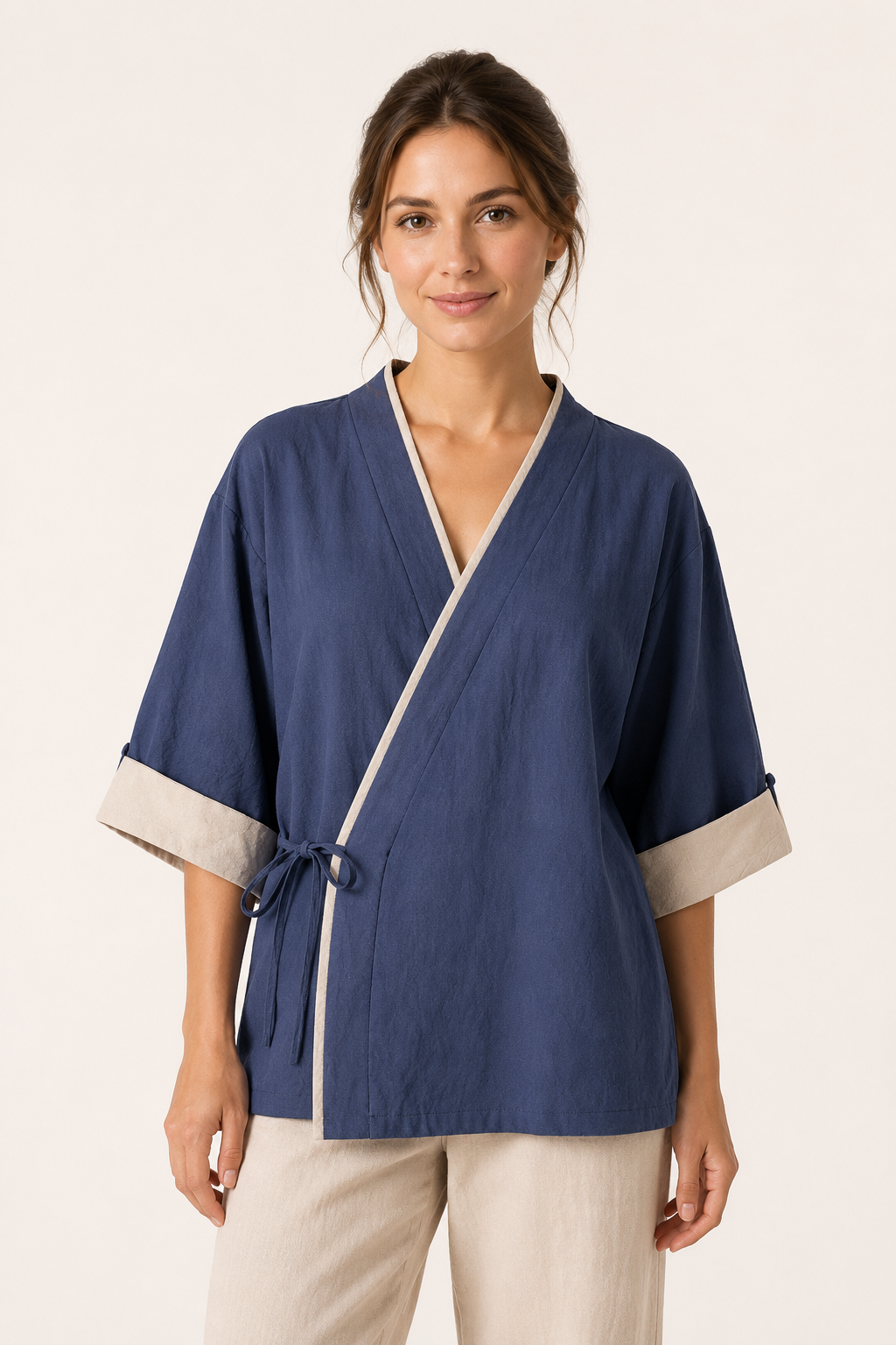 Blusa kimono mujer cruzada manga ancha ribete contraste – Frida
