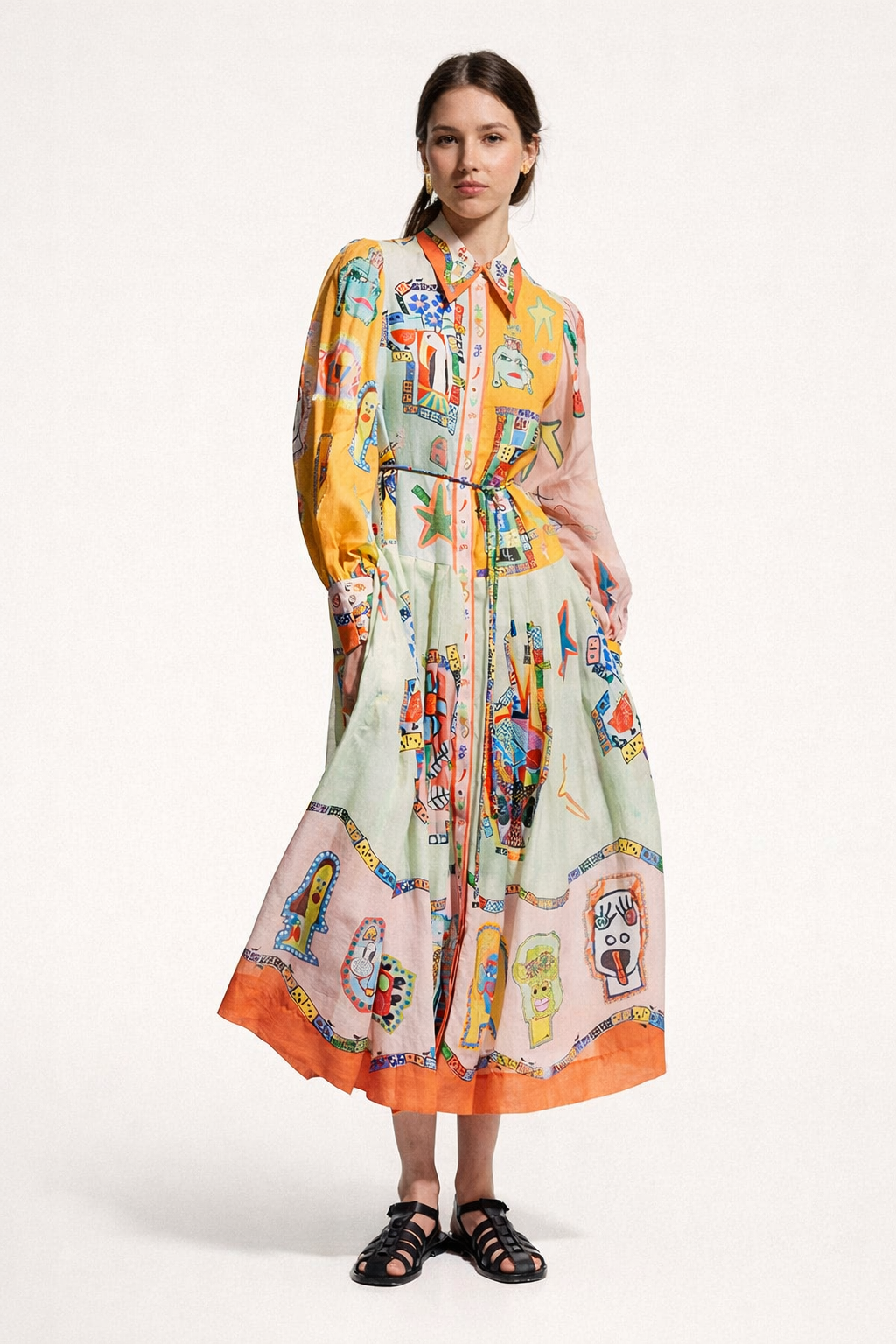 Vestido midi camisero estampado con manga amplia para mujer - Daniela