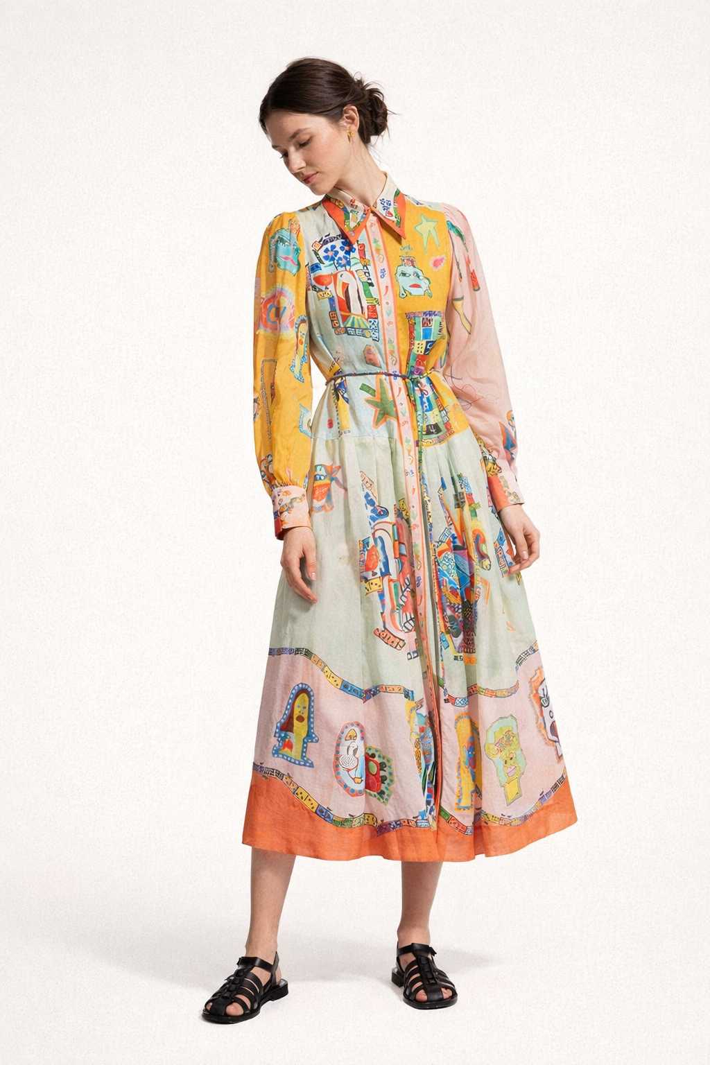 Vestido midi camisero estampado con manga amplia para mujer - Daniela